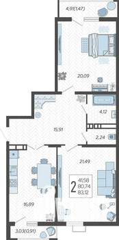 2-к квартира, строящийся дом, 83м2, 12/21 этаж