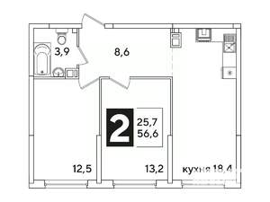 2-к квартира, вторичка, 57м2, 8/16 этаж