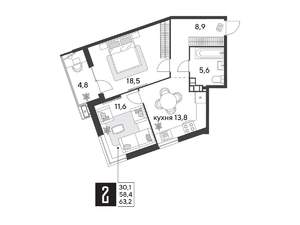 2-к квартира, вторичка, 63м2, 8/18 этаж
