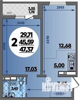 2-к квартира, строящийся дом, 47м2, 6/16 этаж