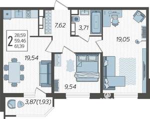 2-к квартира, строящийся дом, 62м2, 23/23 этаж