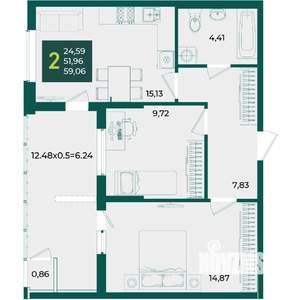 2-к квартира, вторичка, 59м2, 2/18 этаж