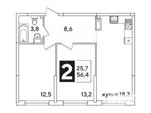 2-к квартира, вторичка, 56м2, 14/16 этаж