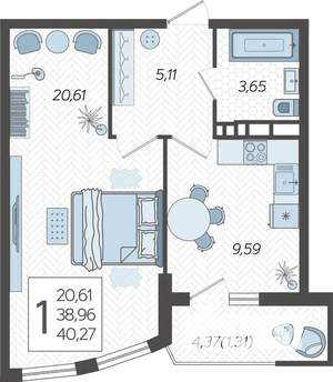 1-к квартира, строящийся дом, 40м2, 18/21 этаж