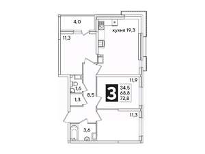 3-к квартира, вторичка, 73м2, 13/16 этаж