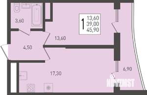 1-к квартира, строящийся дом, 46м2, 19/24 этаж