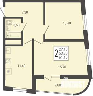 2-к квартира, строящийся дом, 61м2, 24/24 этаж