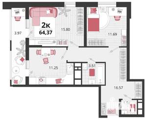 2-к квартира, вторичка, 64м2, 16/24 этаж