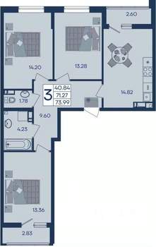 3-к квартира, вторичка, 74м2, 8/18 этаж