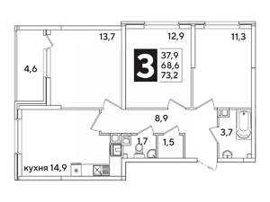 3-к квартира, вторичка, 73м2, 6/16 этаж