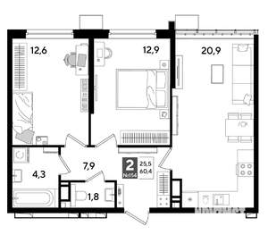 2-к квартира, строящийся дом, 60м2, 17/19 этаж