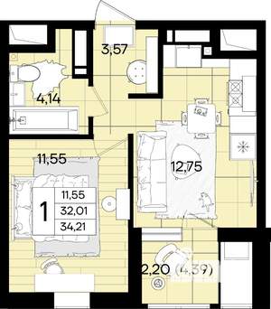 1-к квартира, вторичка, 34м2, 18/18 этаж