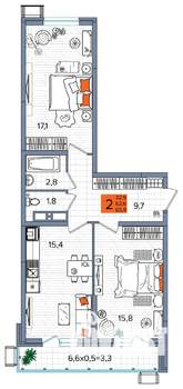2-к квартира, сданный дом, 66м2, 15/16 этаж