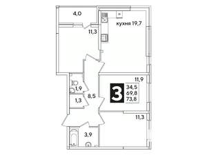 3-к квартира, вторичка, 74м2, 2/16 этаж