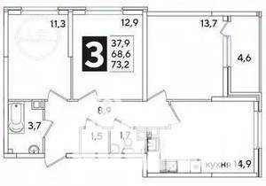 3-к квартира, вторичка, 74м2, 11/16 этаж