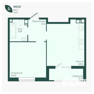1-к квартира, вторичка, 43м2, 8/18 этаж