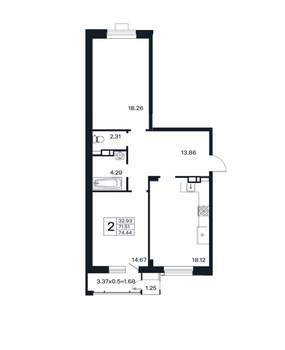 2-к квартира, вторичка, 74м2, 9/12 этаж