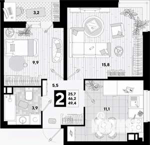 2-к квартира, вторичка, 49м2, 8/16 этаж
