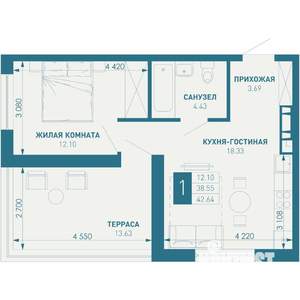 1-к квартира, строящийся дом, 52м2, 9/9 этаж