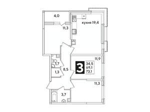 3-к квартира, вторичка, 73м2, 4/16 этаж