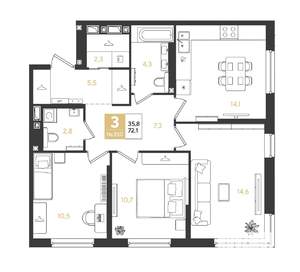 3-к квартира, вторичка, 72м2, 8/18 этаж