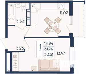 1-к квартира, вторичка, 33м2, 13/18 этаж