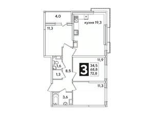 3-к квартира, вторичка, 73м2, 14/16 этаж