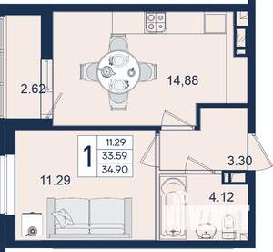 1-к квартира, вторичка, 35м2, 6/18 этаж