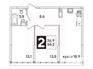 2-к квартира, вторичка, 58м2, 16/16 этаж