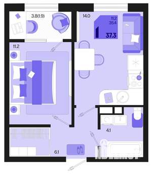 1-к квартира, строящийся дом, 35м2, 8/18 этаж