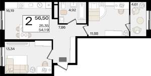 2-к квартира, вторичка, 57м2, 4/18 этаж