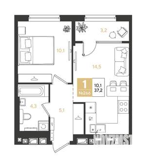 1-к квартира, строящийся дом, 37м2, 7/9 этаж