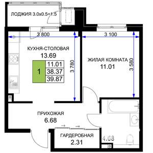 1-к квартира, вторичка, 40м2, 2/16 этаж