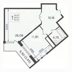 1-к квартира, вторичка, 62м2, 19/22 этаж