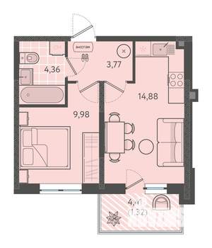 1-к квартира, вторичка, 34м2, 1/18 этаж