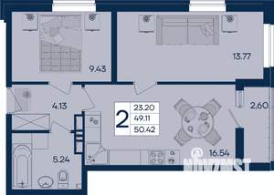 2-к квартира, вторичка, 50м2, 7/18 этаж