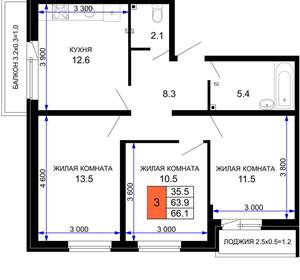 3-к квартира, вторичка, 66м2, 2/16 этаж
