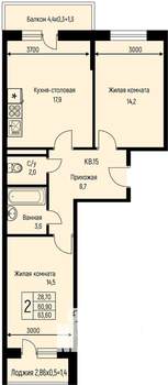 2-к квартира, строящийся дом, 64м2, 3/3 этаж