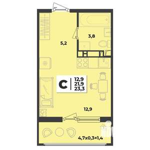 1-к квартира, строящийся дом, 23м2, 5/9 этаж