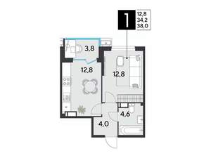 1-к квартира, строящийся дом, 38м2, 12/18 этаж