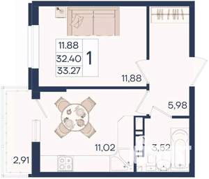1-к квартира, вторичка, 33м2, 12/18 этаж