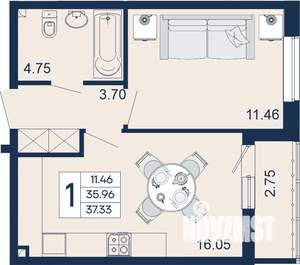 1-к квартира, вторичка, 37м2, 2/18 этаж