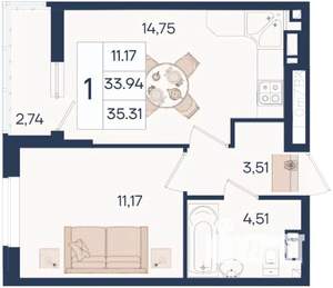 1-к квартира, вторичка, 35м2, 5/18 этаж