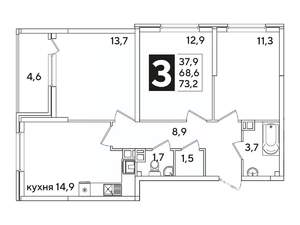 3-к квартира, вторичка, 73м2, 5/16 этаж