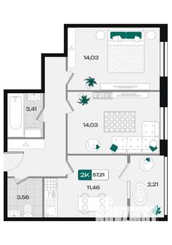 2-к квартира, вторичка, 57м2, 12/18 этаж