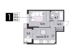 1-к квартира, строящийся дом, 38м2, 4/18 этаж