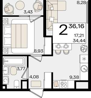 2-к квартира, вторичка, 34м2, 3/18 этаж