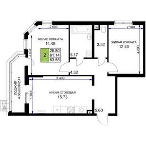 2-к квартира, вторичка, 64м2, 3/18 этаж