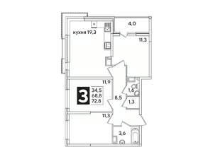 3-к квартира, вторичка, 73м2, 13/16 этаж