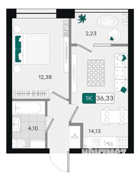1-к квартира, вторичка, 36м2, 8/9 этаж